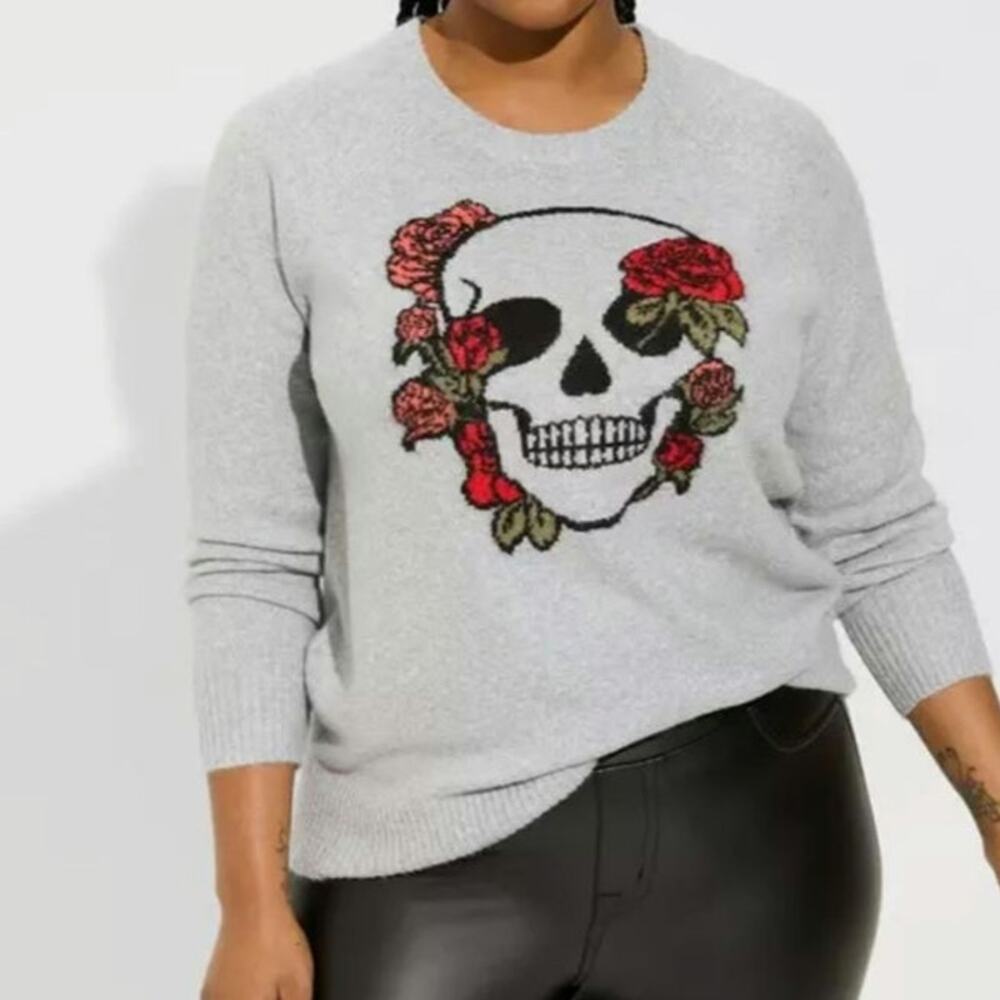 Torrid Grey Edgy Goth Punk Rose Skull Pullover Crew Neck Sweater